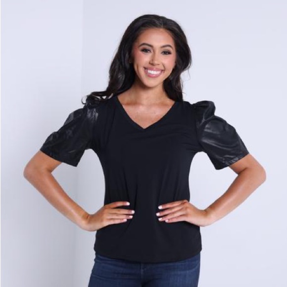 Generation Love Black V-Neck Top with Faux Leather Sleeves